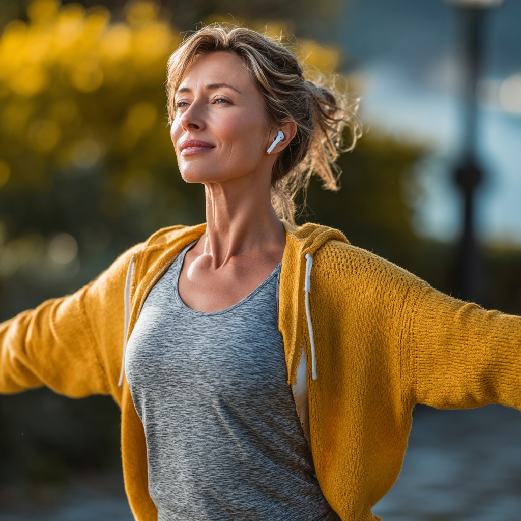 Healthy 45-year-old woman exercising outdoors in park, wearing fitness clothing, looking energetic and confident during morning workout