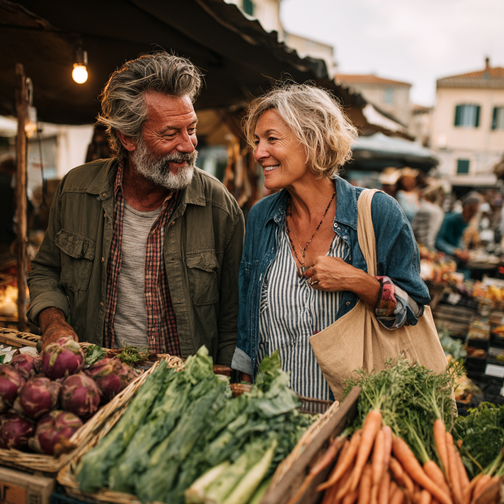 Mature couple in their 50s shopping for fresh vegetables at farmers market, both wearing casual clothing, holding reusable shopping bags, sunny day atmosphere