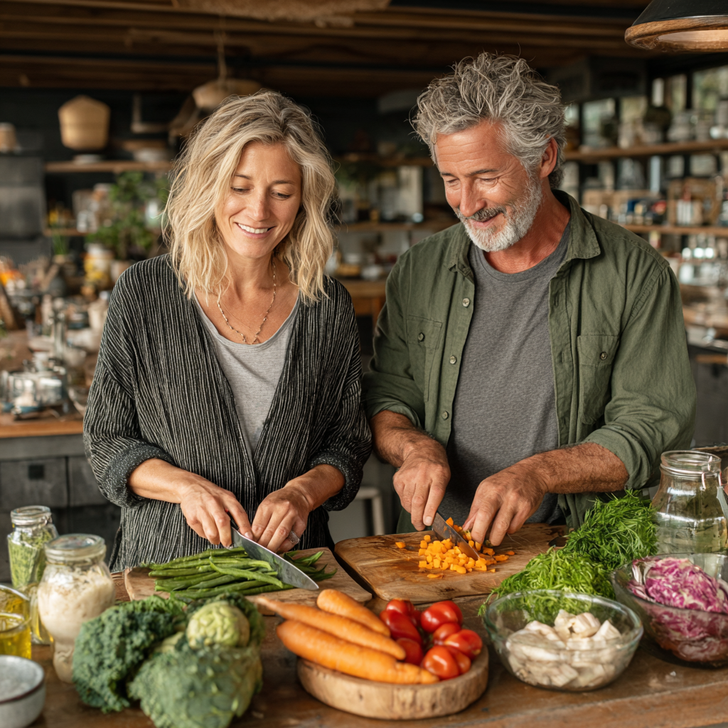 Middle-aged woman and man in their 50s preparing healthy meal together in modern kitchen, smiling while chopping fresh vegetables, natural lighting